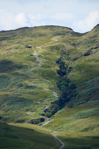 The impressive east side of the Hardknott Pass, Cumbria.